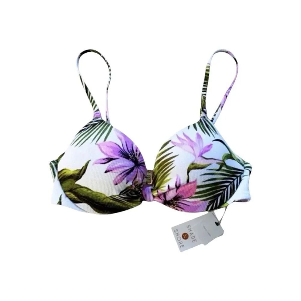 Shade & Shore Women Purple Green Tropical Floral Swimsuit Bikini Top Size 32B